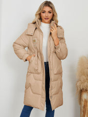 Camel quilted puffer parka with buckle detail and hood
