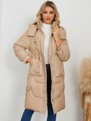 Camel quilted puffer parka with buckle detail and hood