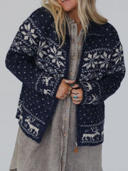 Navy Nordic Fair Isle zip-up acrylic sweater with snowflake and reindeer patterns.