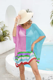 Meshed edge scoop neck half sleeve cover-up in pink and blue with striped hem