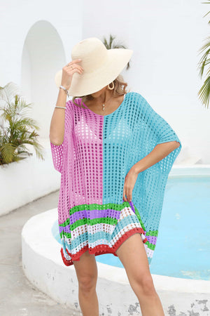 Meshed edge scoop neck half sleeve cover-up in pink and blue with striped hem