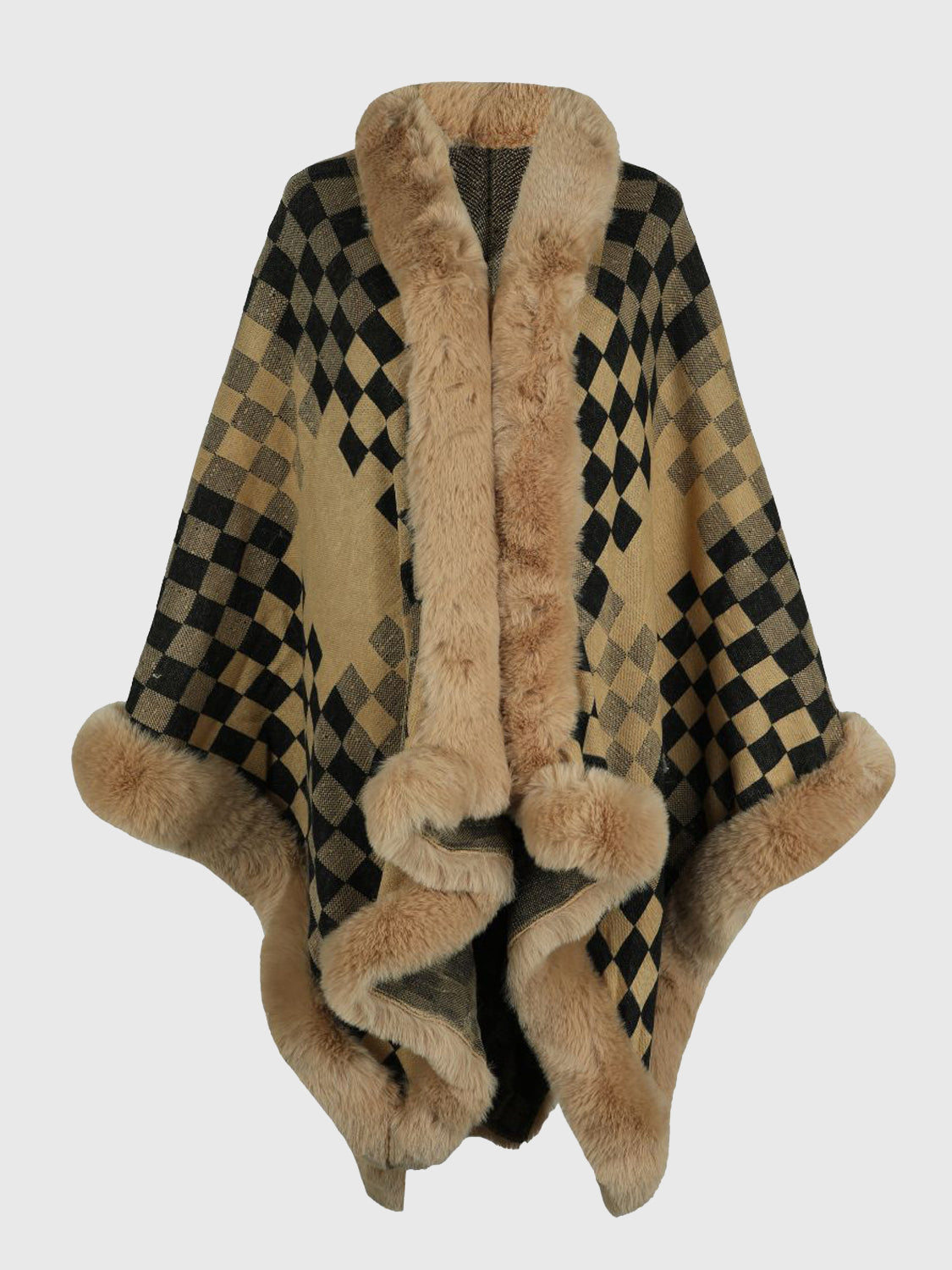 Diamond checkered poncho in Khaki with faux fur trim and pom-poms.