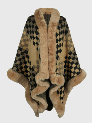Diamond checkered poncho in Khaki with faux fur trim and pom-poms.