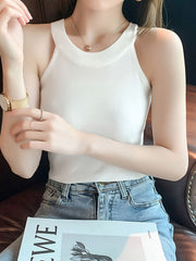 White ribbed knit cami tank top with a crew neckline.