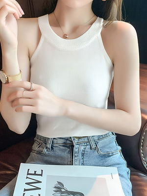 White ribbed knit cami tank top with a crew neckline.