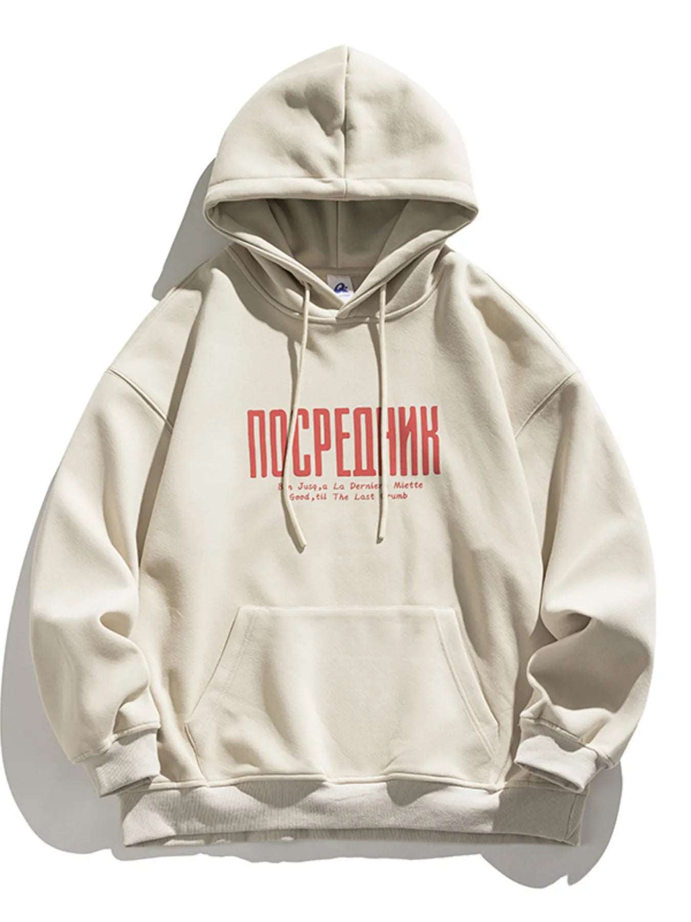 Casual cream cotton hoodie with red graphic text and drawstring hood.
