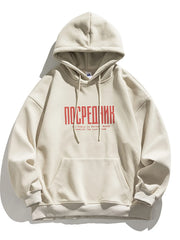Casual cream cotton hoodie with red graphic text and drawstring hood.