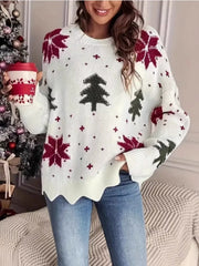 White Christmas tree sweater with snowflake pattern and scalloped hem
