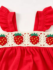 Children's Strawberry Crochet Trim Top & Denim Shorts Set in Red, close-up detail