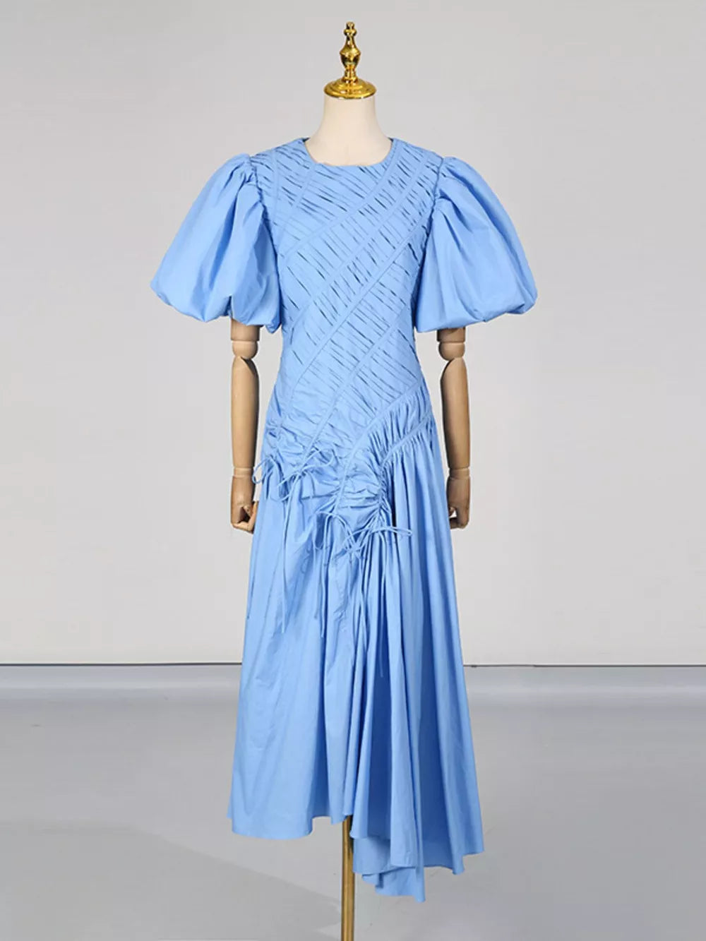Puff Sleeve Ruched Midi Dress in Green, front view