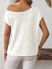 White off-the-shoulder knit tee with short sleeves and a boat neckline.