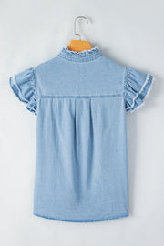 Light blue denim button-up shirt with frayed ruffle trim on collar and sleeves