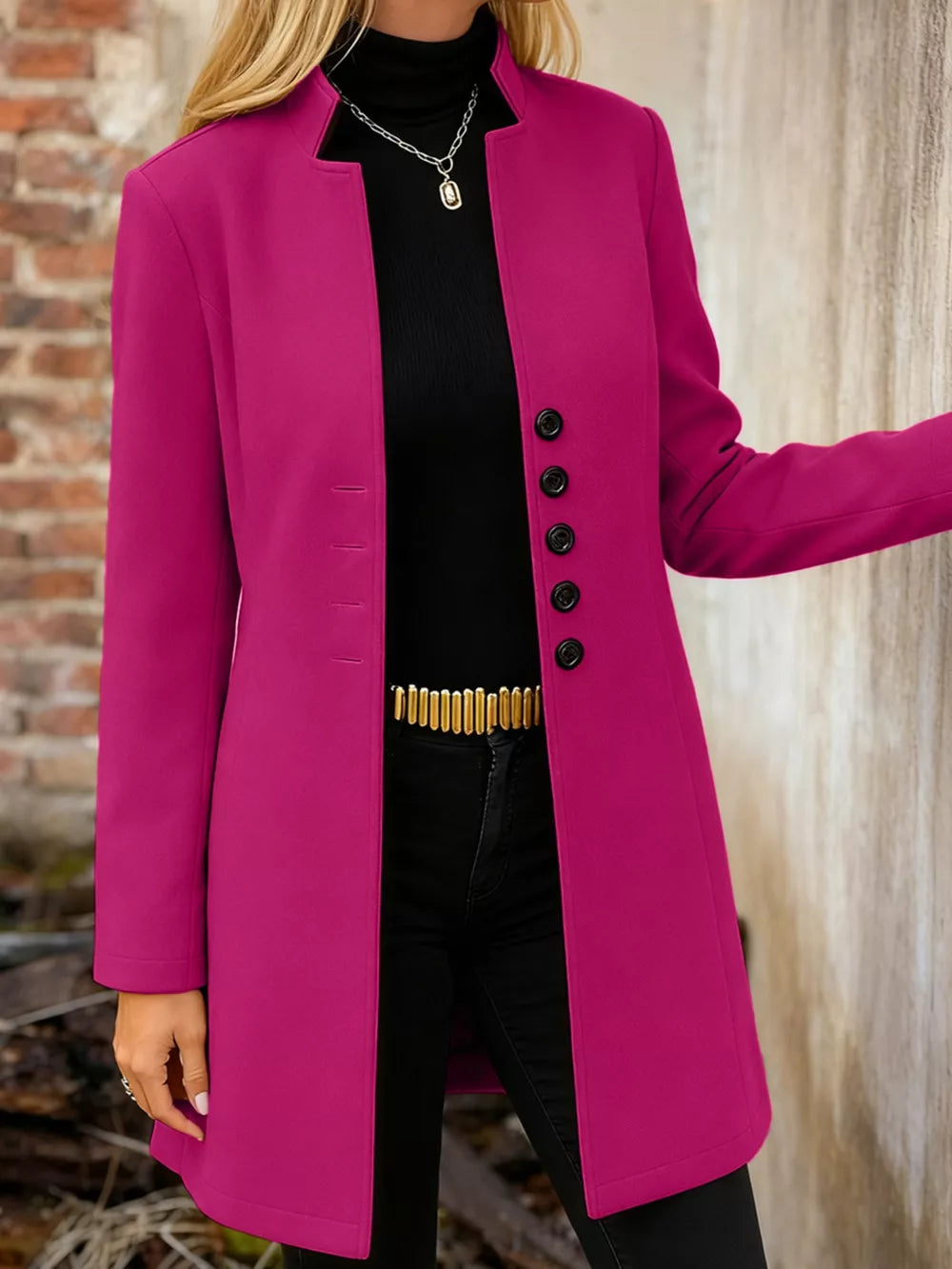 Chic longline trench coat in Deep Rose with button-down front and collarless neckline.