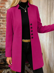 Chic longline trench coat in Deep Rose with button-down front and collarless neckline.