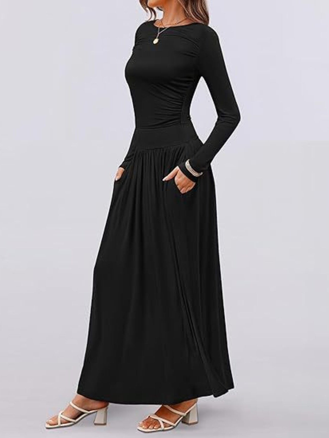 Black ruched long sleeve maxi dress with pockets