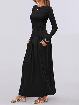 Black ruched long sleeve maxi dress with pockets
