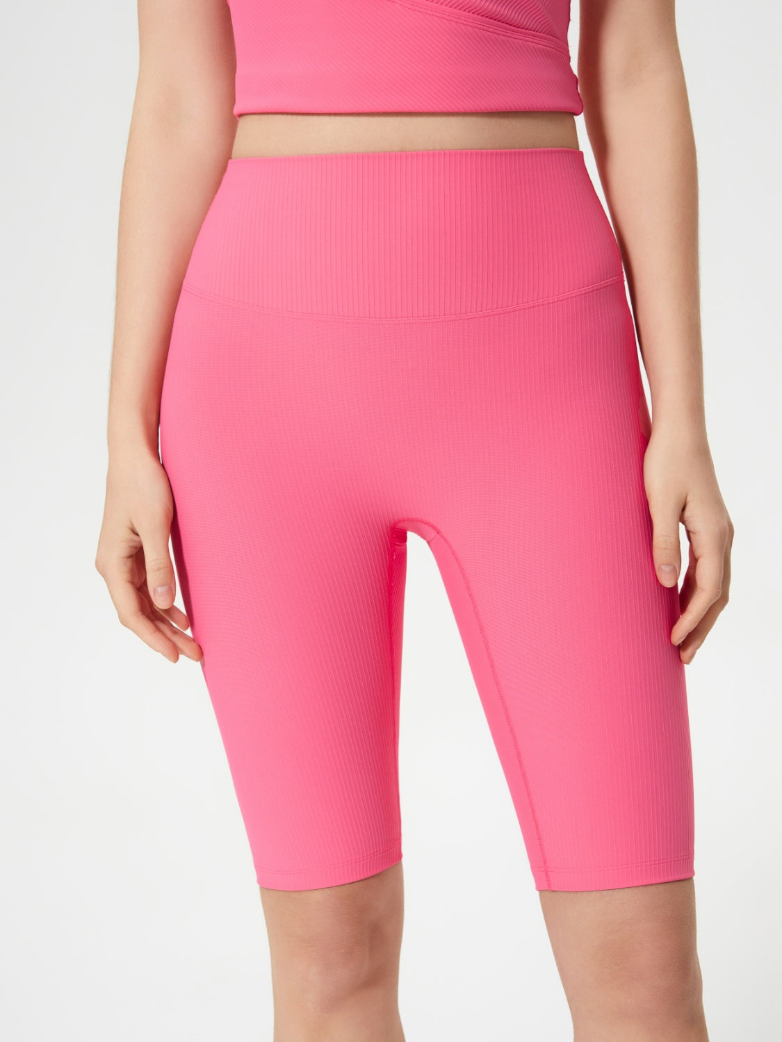 Ribbed contour cycling shorts in strawberry pink with a high waist.