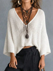 V-neck Batwing Sleeve Sweater in White, front view