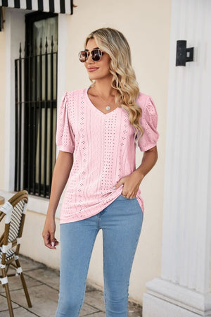 Pink perforated puff sleeve V-neck blouse with eyelet detail