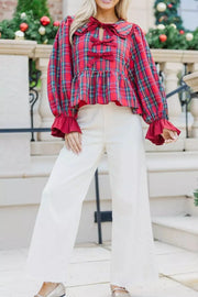 Plaid Tie Neck Ruffle Cuffs Blouse, close-up detail