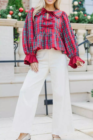 Plaid Tie Neck Ruffle Cuffs Blouse, close-up detail