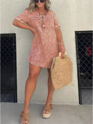 Coral short sleeve collared dress with button front and pockets, above knee length