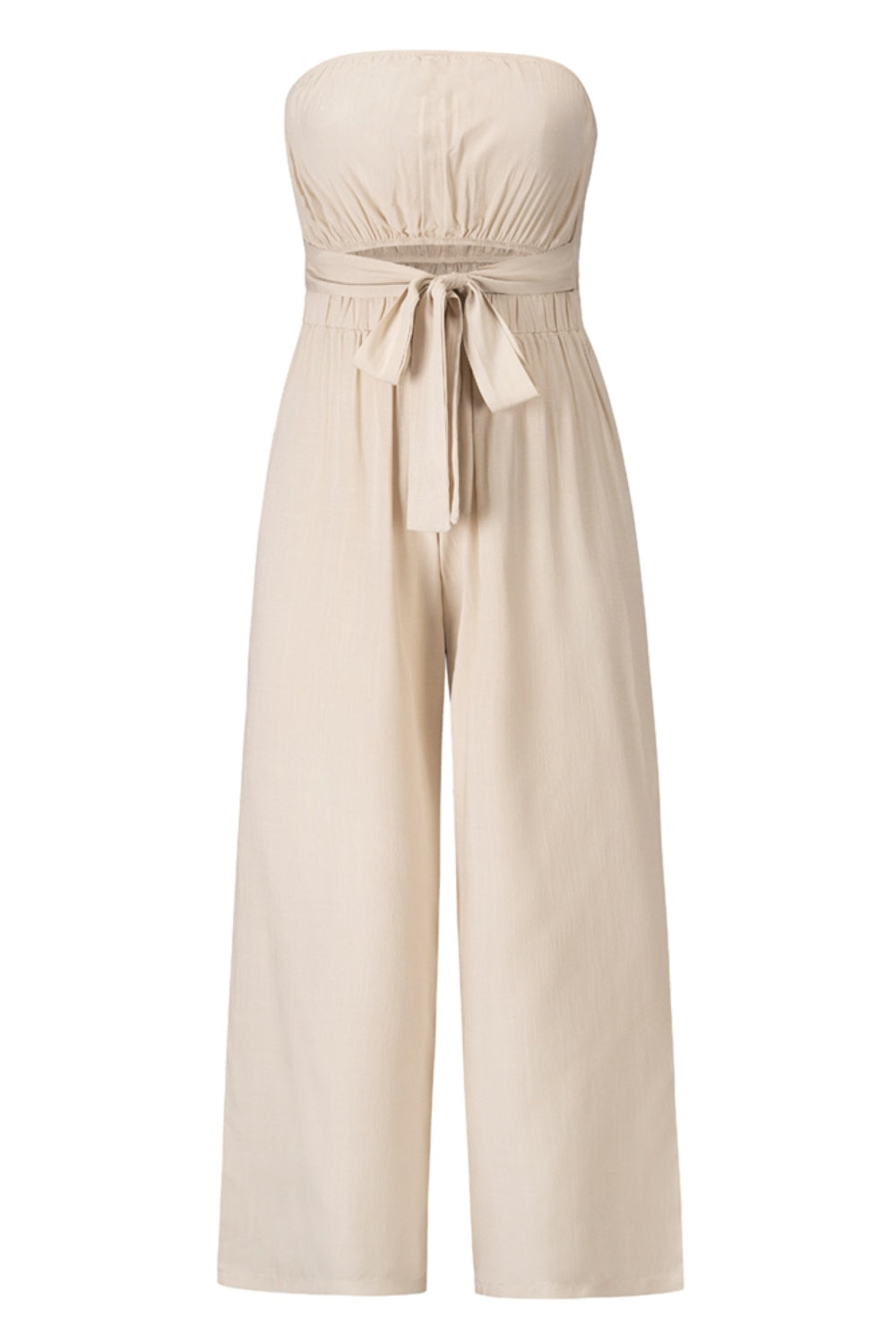 Tan bandeau jumpsuit with tie-waist and wide-leg pants