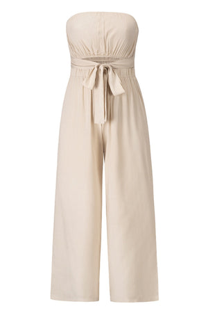 Tan bandeau jumpsuit with tie-waist and wide-leg pants