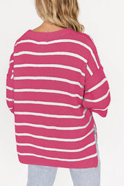 Button-down stripe knit pullover sweater in hot pink with white stripes.