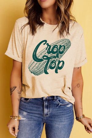 Sand crop top graphic tee with rolled sleeves and corn graphic.