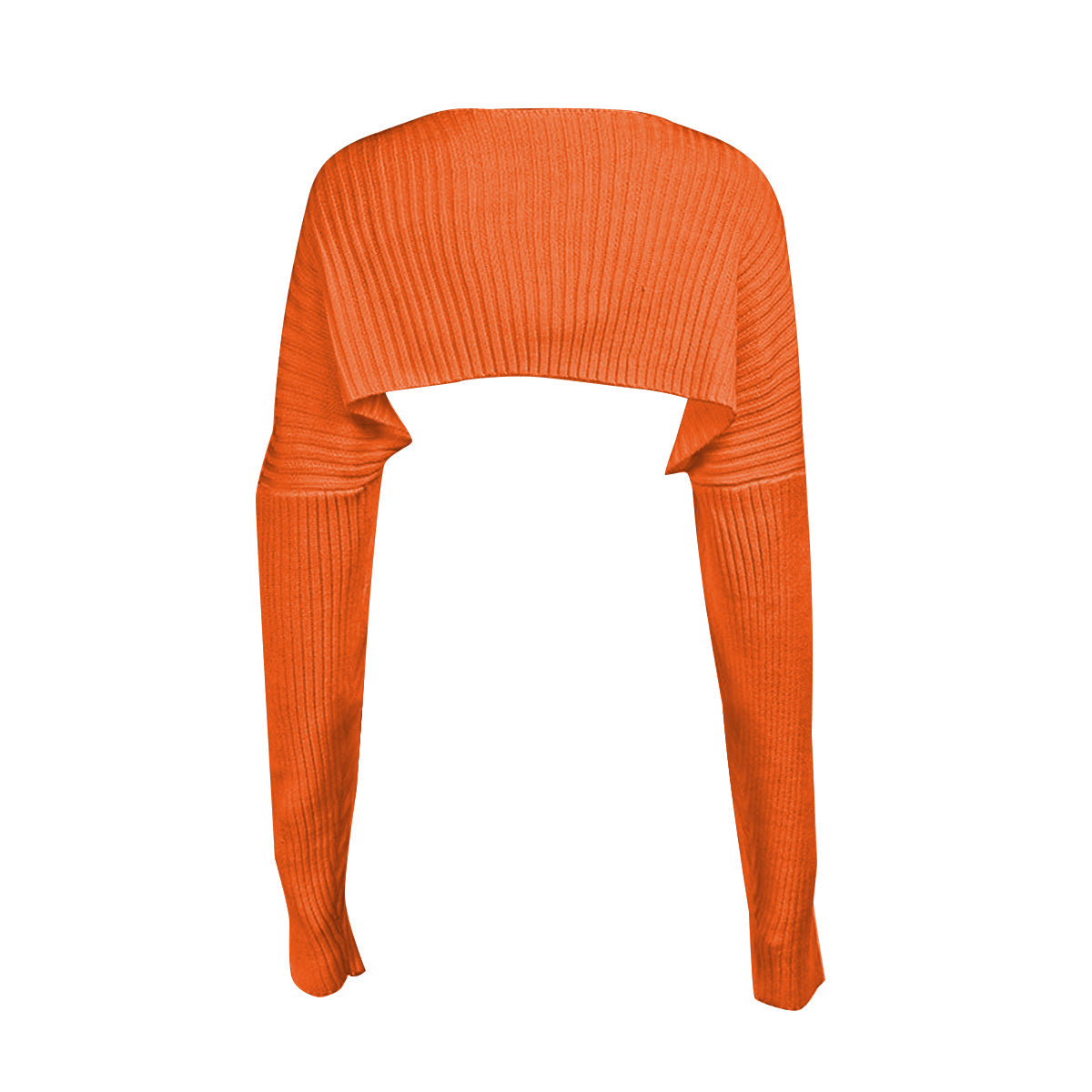 Orange ribbed knit shrug with extended sleeves and a cropped fit.