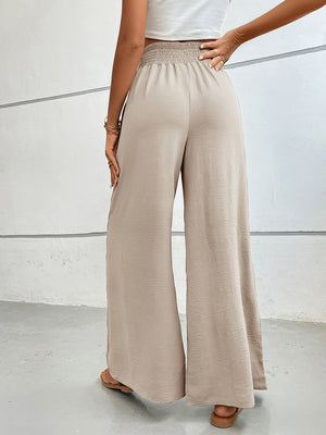 Textured palazzo lounge trousers in Dust Storm with a smocked waistband and wide legs.