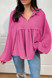 Hot Pink textured blouse with gathered yoke, collar, and balloon sleeves.