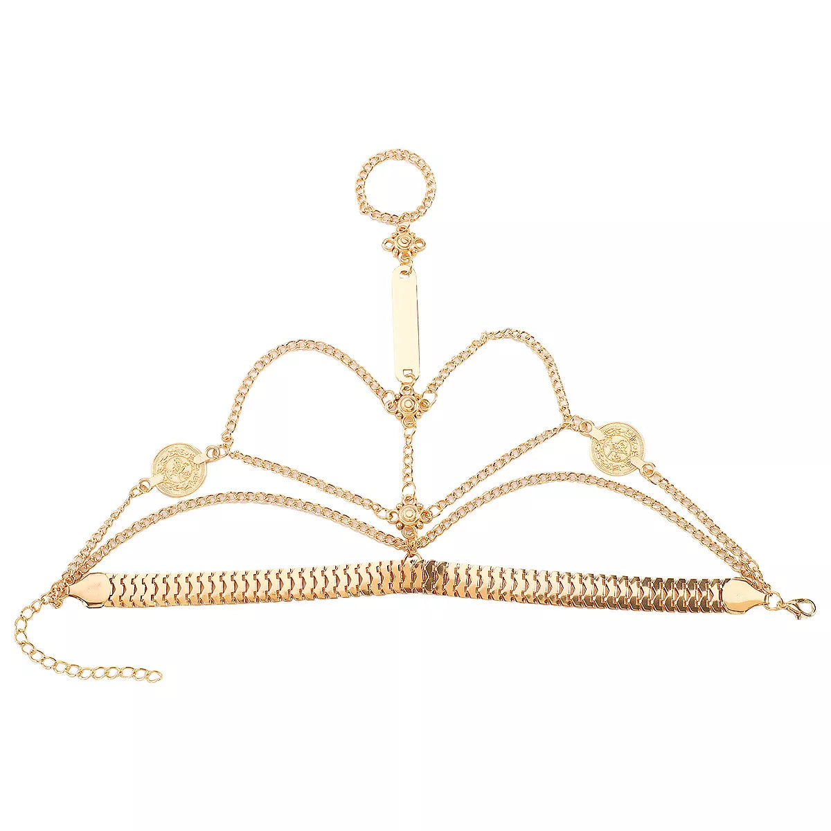 Gold multi-layered chain bracelet with coin details and a ring accent.