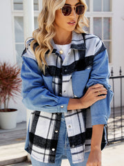 Colorblock plaid denim shacket with button front and chest pockets.