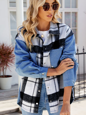 Colorblock plaid denim shacket with button front and chest pockets.