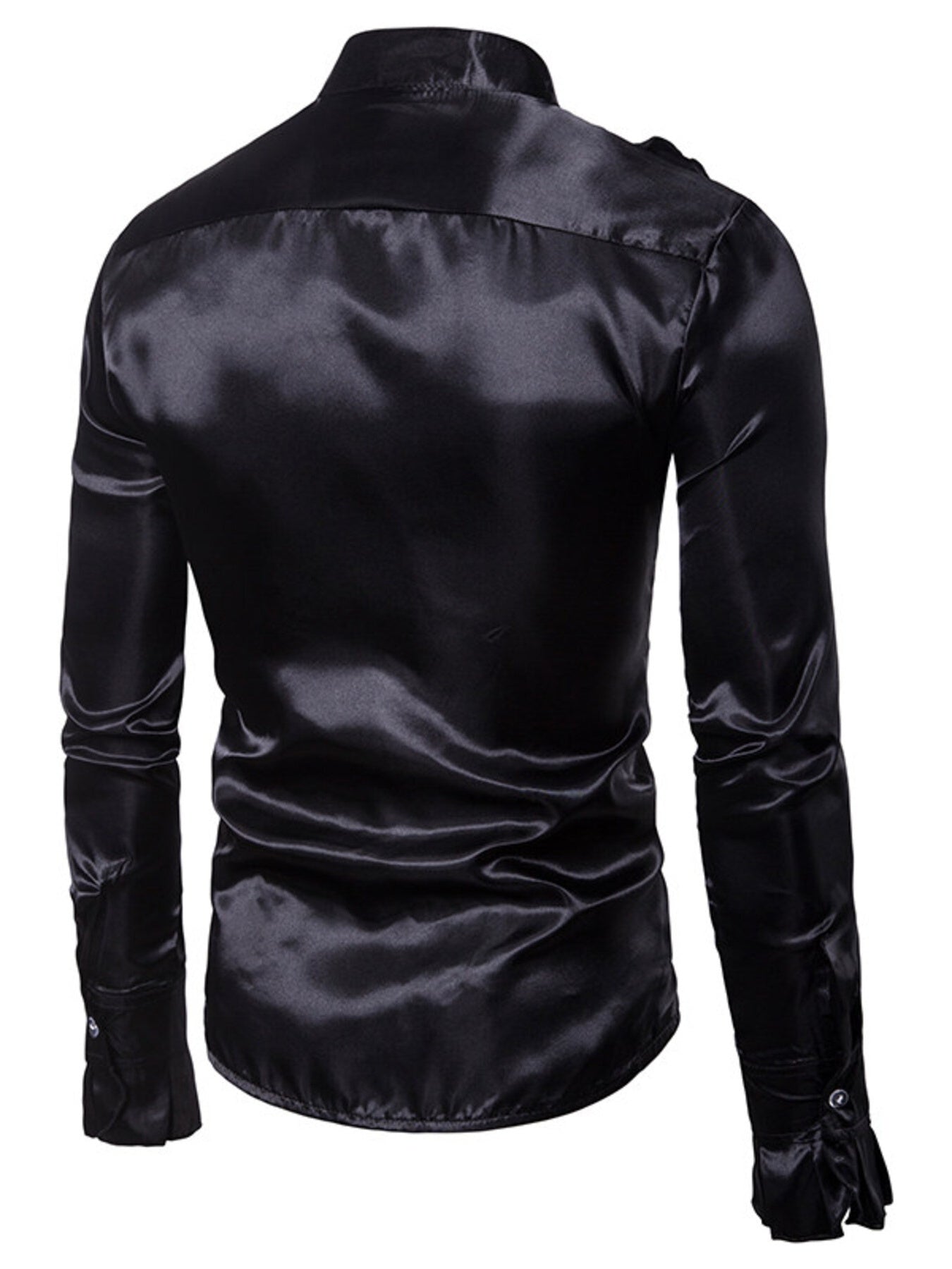 Men's black satin button-down shirt with ruffle cuffs