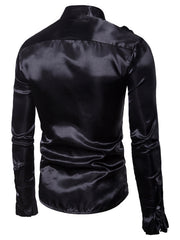 Men's black satin button-down shirt with ruffle cuffs