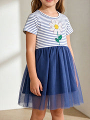Toddler sequin flower tulle dress, cotton, casual, appliquéd.