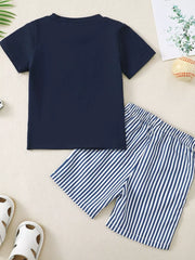 Baby navy tee and striped shorts set with baseball detail.