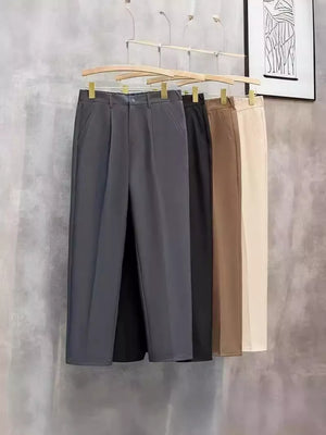 Men's straight-leg pants in dark gray, black, brown, and khaki with button closure and pockets.