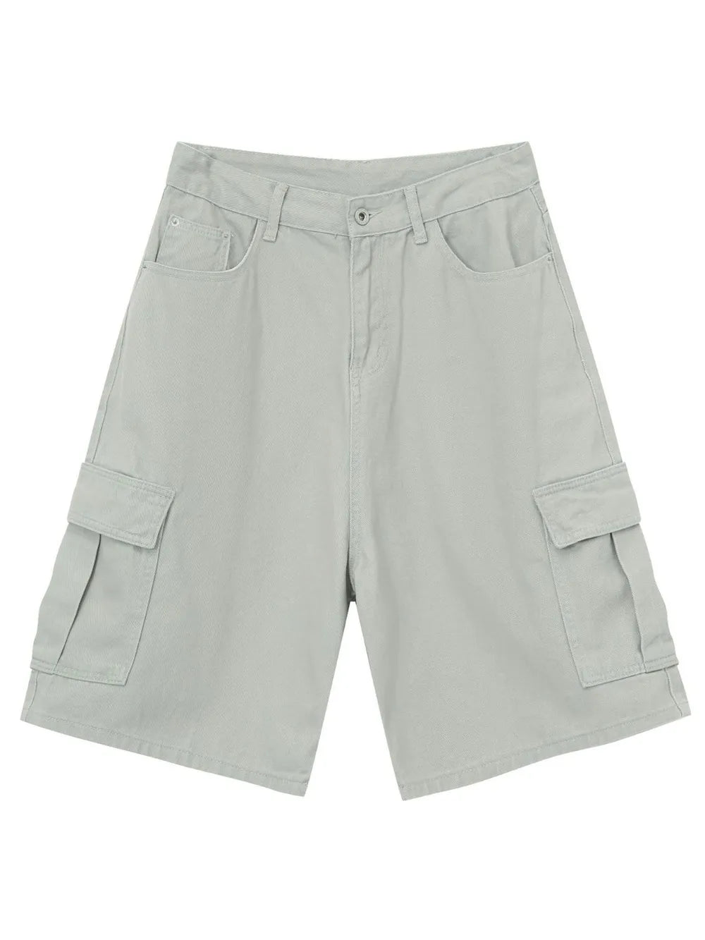 Gray baggy cargo bermuda shorts with button closure and side pockets.