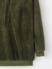 Cozy army green half-zip fleece hoodie with drawstring and ribbed cuffs.