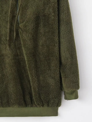 Cozy army green half-zip fleece hoodie with drawstring and ribbed cuffs.