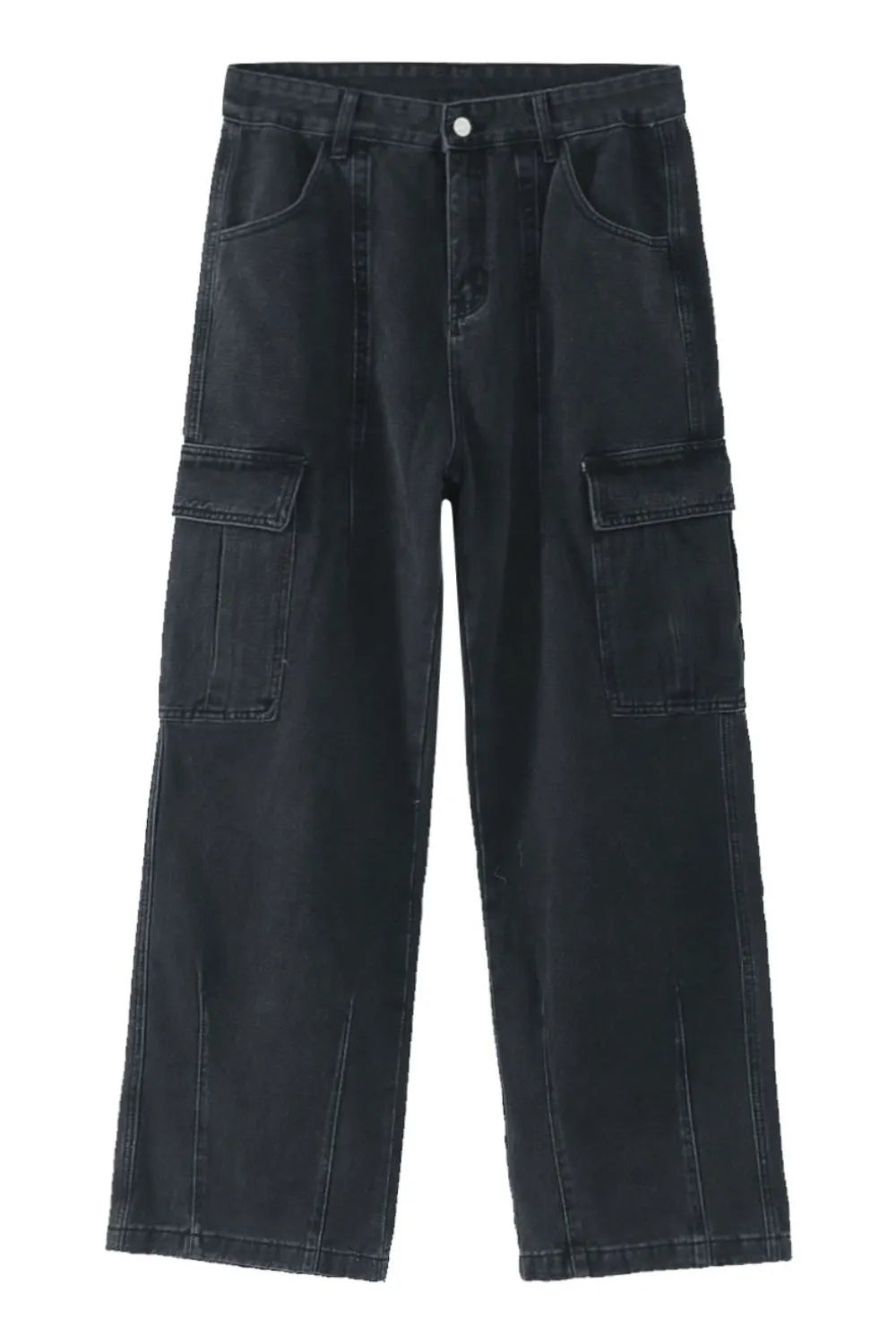 Dark wash wide-leg denim cargo trousers with multiple pockets and a relaxed fit.