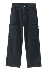 Dark wash wide-leg denim cargo trousers with multiple pockets and a relaxed fit.