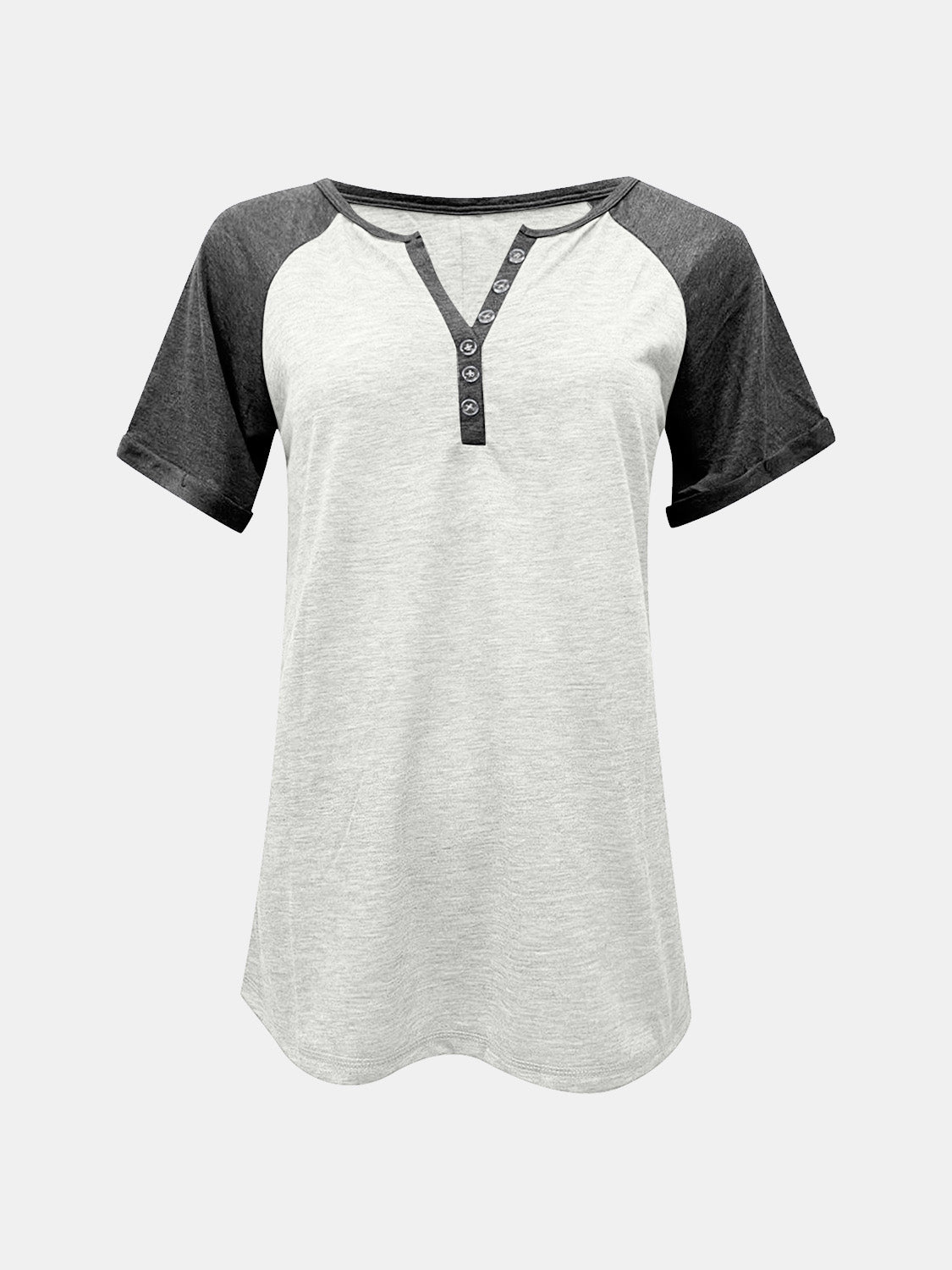 Raglan sleeve henley tee in light gray with dark gray sleeves and button detail