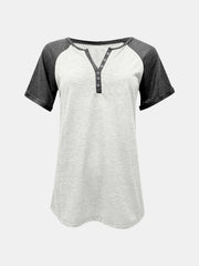 Raglan sleeve henley tee in light gray with dark gray sleeves and button detail