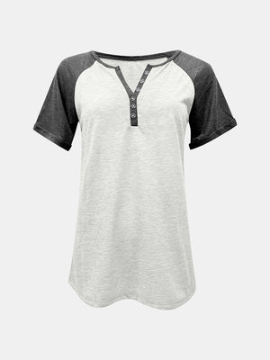 Raglan sleeve henley tee in light gray with dark gray sleeves and button detail