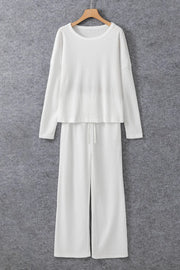 White ribbed lounge set with crewneck top and drawstring pants
